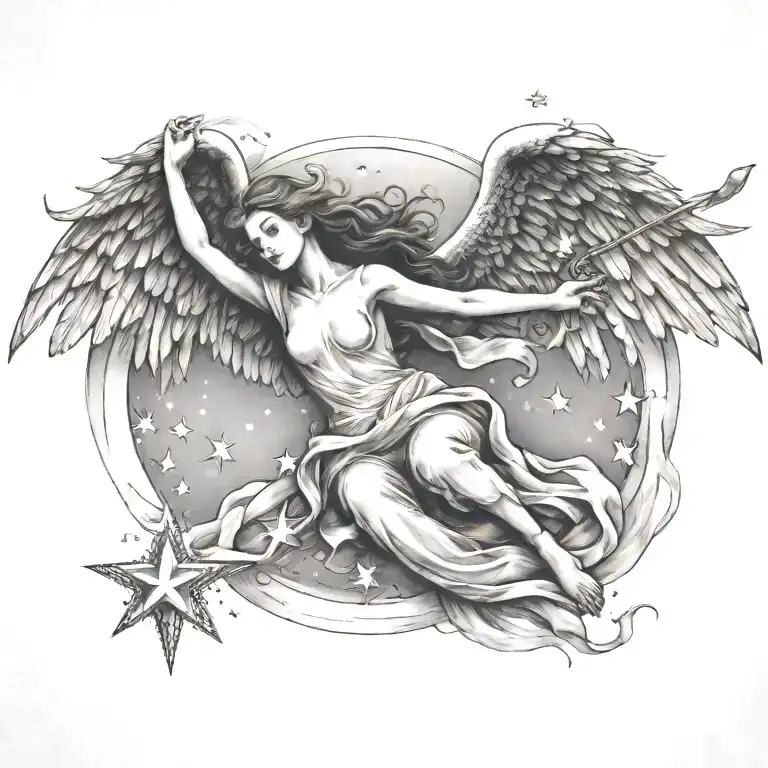 flying angel falling star tattoo design idea