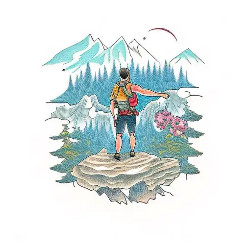 A hiker standing on a cliff edge overlooking a breathtaking floral valley tattoo design idea