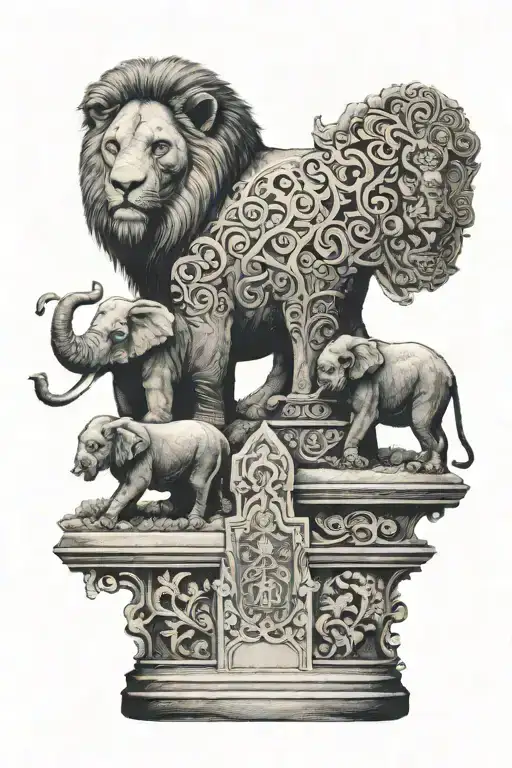 A Gravestone with an Elephant and a Lion standing behind it tattoo design idea