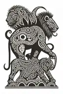 Elephant and a Lion standing behind a stone with engraving tattoo design idea