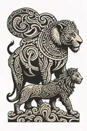 Elephant and a Lion standing behind a stone with engraving tattoo design idea
