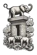 A Gravestone with an Elephant and a Lion standing behind it tattoo design idea