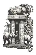A Gravestone with an Elephant and a Lion standing behind it tattoo design idea