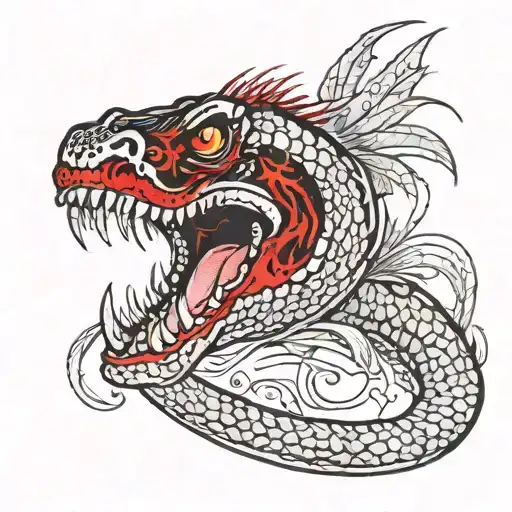 black scaly sea serpent with a open mouth showing fangs, it has feather wings on the back of its head like a lions main tattoo design idea