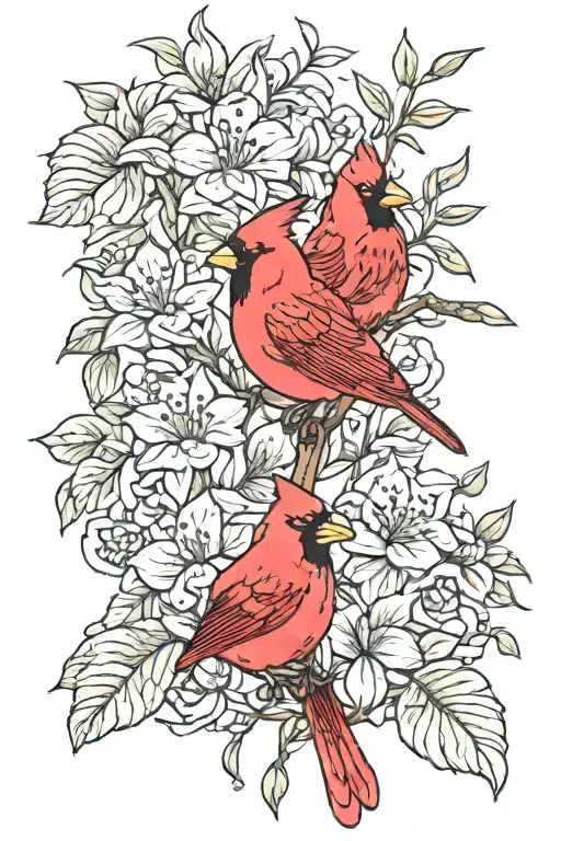 ywllow jasmines and red cardinal perched tattoo design idea