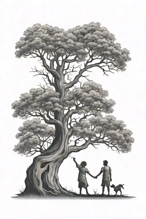 tree, three child One man Holding hand, mother dead  tattoo design idea