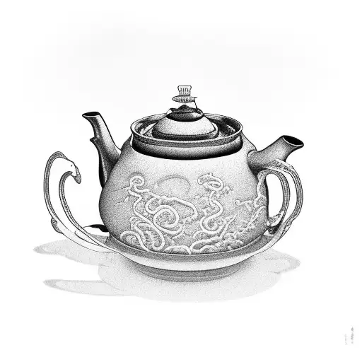 A traditional Japanese teapot pouring ramen noodles instead of tea tattoo design idea