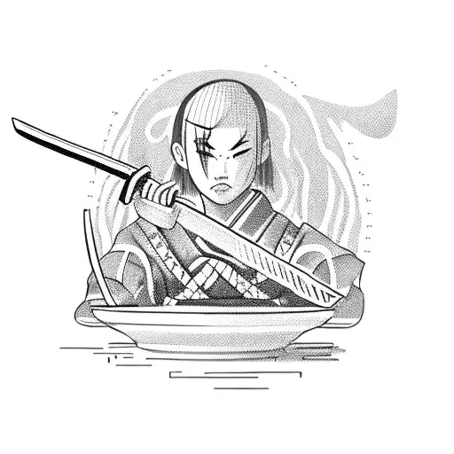 A fierce samurai enjoying a bowl of ramen noodles tattoo design idea