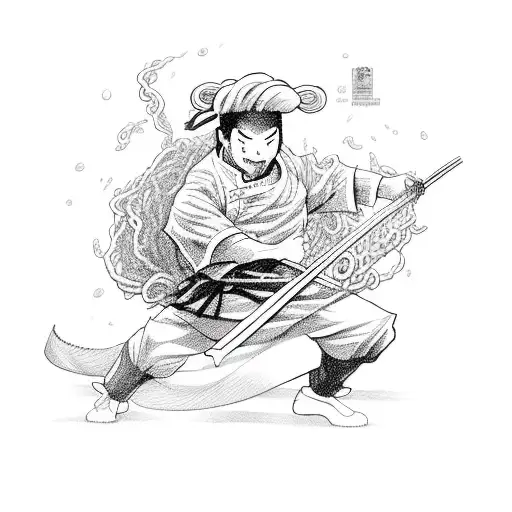 A chef samurai slicing through a bowl of ramen noodles with a katana tattoo design idea