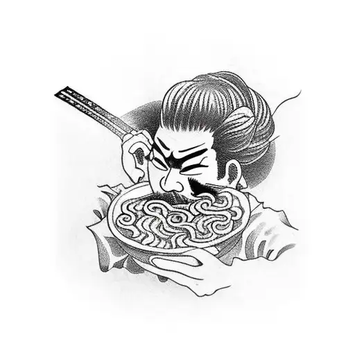 A chef samurai slicing through a bowl of ramen noodles with a katana tattoo design idea