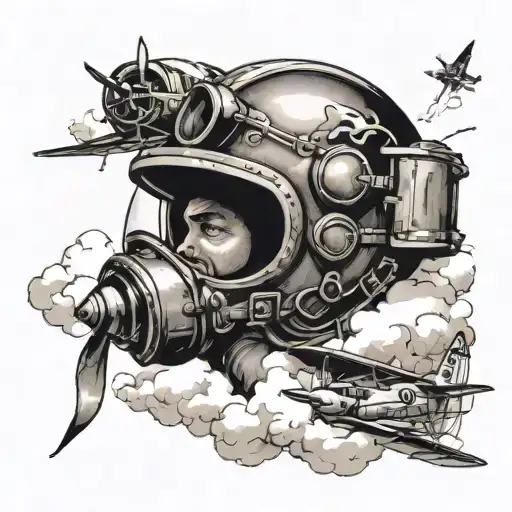 Design me a tattoo of a vintage pilot helmet with planes flying infront with clouds in black and grey style tattoo design idea