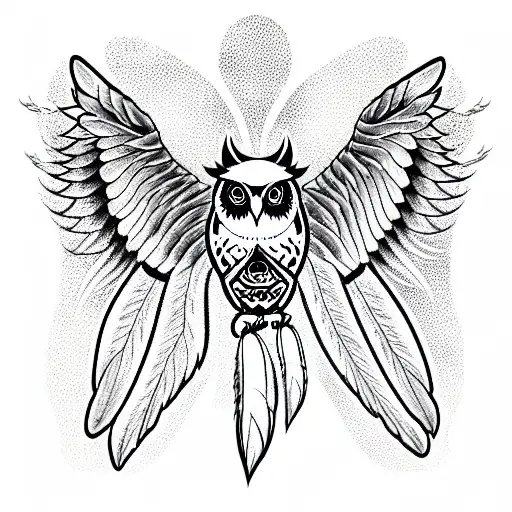 owl with wings spread and talons showing with dream catcher backgroundck tattoo design idea