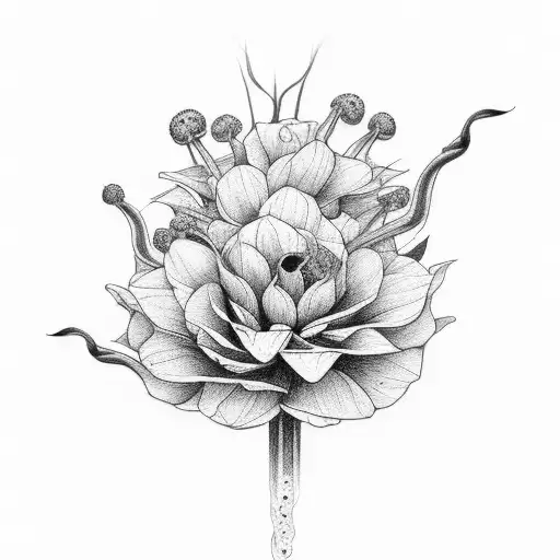 skeleton hand holding bouquet of Venus fly traps and black dahlias  tattoo design idea