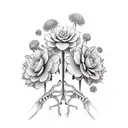 skeleton hand holding bouquet of Venus fly traps and black dahlias tattoo design idea
