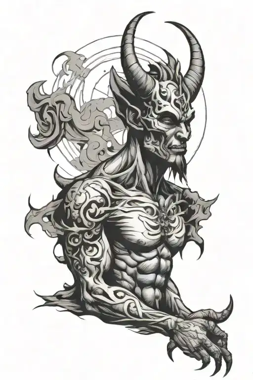 defeated devil man looking towards the heavens in black and white  tattoo design idea