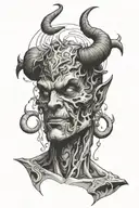 defeated devil man looking towards the heavens in black and white  tattoo design idea