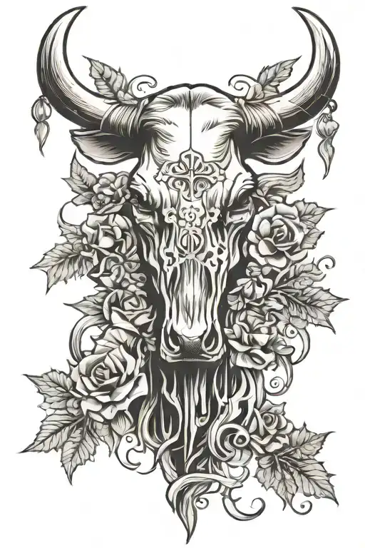 western with cross and leafing and cow skulls tattoo design idea