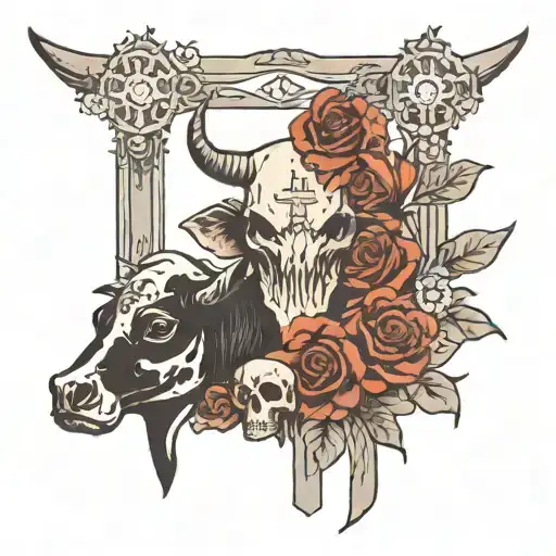 western with cross and flowers and cow skulls tattoo design idea