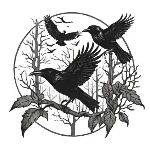 A hauntingly beautiful tattoo of a murder of crows flying over a moonlit forest, symbolizing the darkness of night and the beauty of nature tattoo design idea