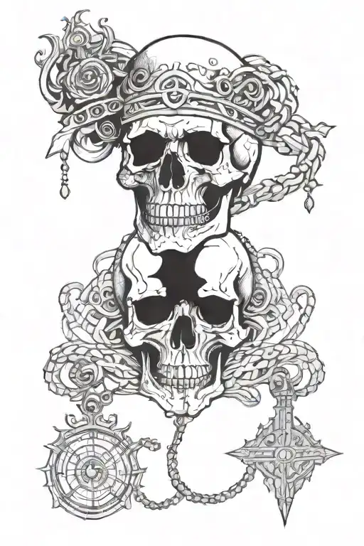 I'll include all the elements mentioned: a throne, serpents, chains, gold coins, a skull with a crown, an all-seeing eye tattoo design idea