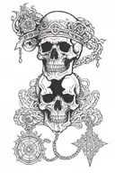 I'll include all the elements mentioned: a throne, serpents, chains, gold coins, a skull with a crown, an all-seeing eye tattoo design idea