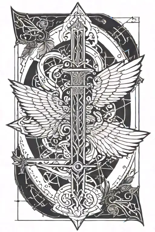 A geometric design incorporating elements of Nemesis's attributes, such as wings and a sword, in blackwork style tattoo design idea
