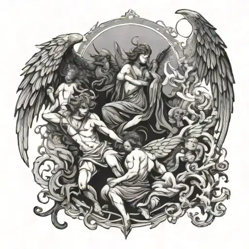A celestial scene featuring anime-inspired angels and demons in a black-grey style tattoo design idea