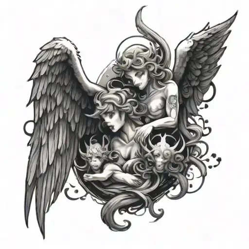 A celestial scene featuring anime-inspired angels and demons in a black-grey style tattoo design idea