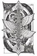 A geometric design incorporating elements of Nemesis's attributes, such as wings and a sword, in blackwork style tattoo design idea
