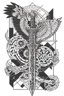 A geometric design incorporating elements of Nemesis's attributes, such as wings and a sword, in blackwork style tattoo design idea