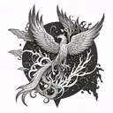 Anime-inspired phoenix rising from ashes with a scythe motif tattoo design idea
