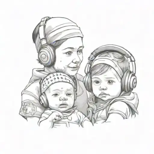 black and grey tatto, 2 babies with cap and headphones, wife with bandana on face, grey scale, realistic  tattoo design idea