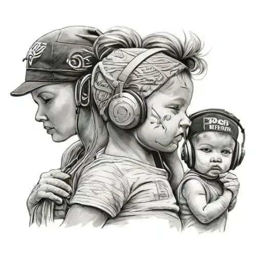 black and grey tatto, 2 babies with cap and headphones, wife with bandana on face, grey scale, realistic  tattoo design idea