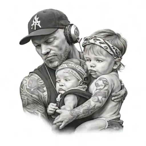 black and grey tatto, 2 babies with cap and headphones, wife with bandana on face, grey scale, realistic  tattoo design idea