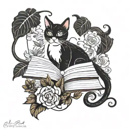 Bookish, fantasy, witchy, fall, black cat, floral, dragons, dainty tattoo design idea