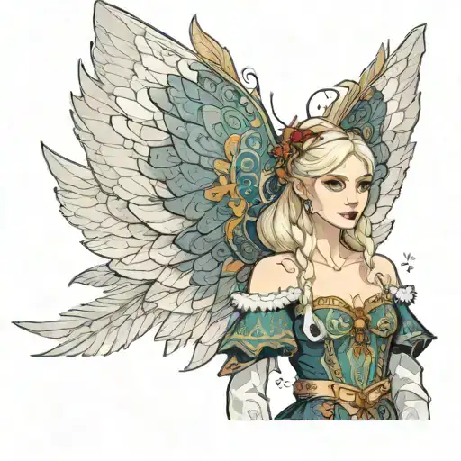 Beautiful female elf: blonde hair, wings like an angel, standing tall in Russian folk dress, looks like IU tattoo design idea