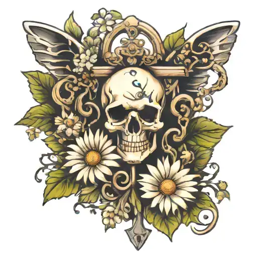 Skeleton key with ivy and daisies tattoo design idea