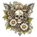 Skeleton key with ivy and daisies tattoo design idea