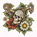 Skeleton key with ivy and daisies tattoo design idea