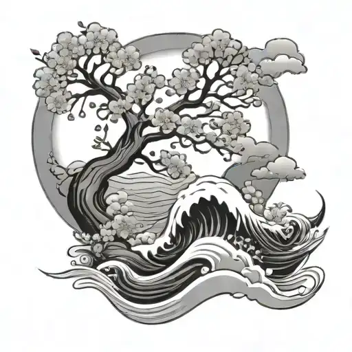 Clouds and cherry blossom trees and waves tattoo design idea