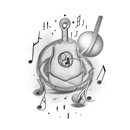 A portrait of the client's girlfriend with a cricket ball and musical notes incorporated in the background tattoo design idea