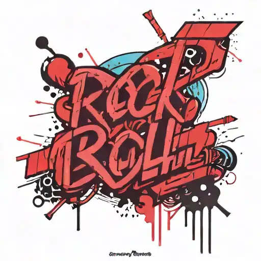 "Rock n' Roll" lettering with cyan to purple fading color in mainly old English font but with handwriting squiggles tattoo design idea