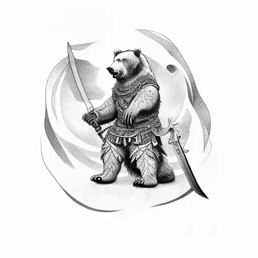 An intricately detailed tattoo of a bear wielding a sword and standing on top of a military tank tattoo design idea