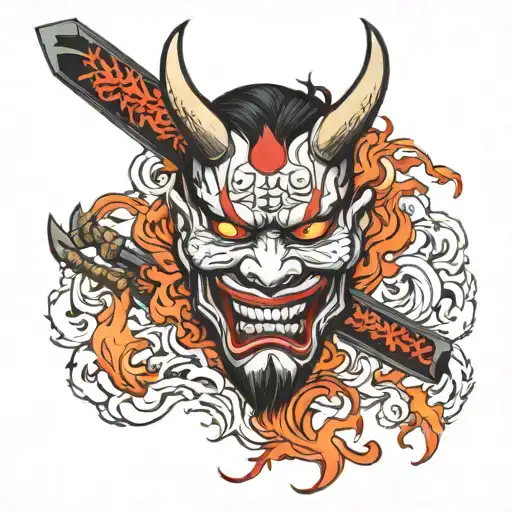 Hannya Demon Mask with Katanas, fire in background  tattoo design idea