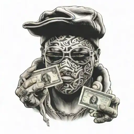 Gangster with ski mask and money tattoo design idea