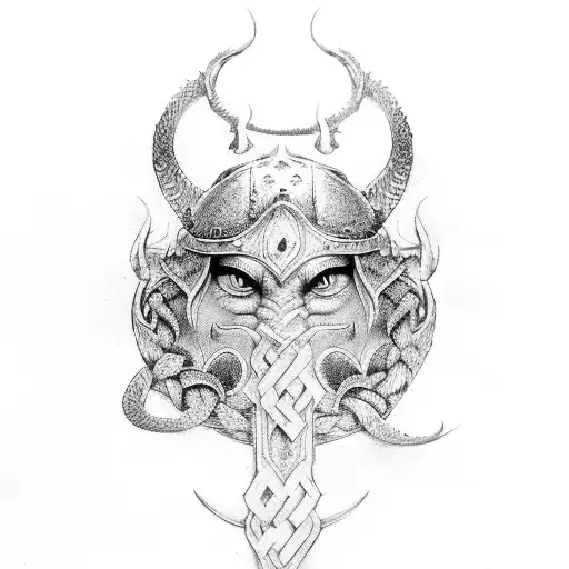 viking girl, dragon, mandal tattoo design idea