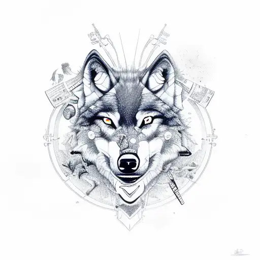 A wolf's head composed of sketch-like illustrations of various medicine-related symbols tattoo design idea