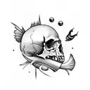 skull with bullet hole and fish tattoo design idea
