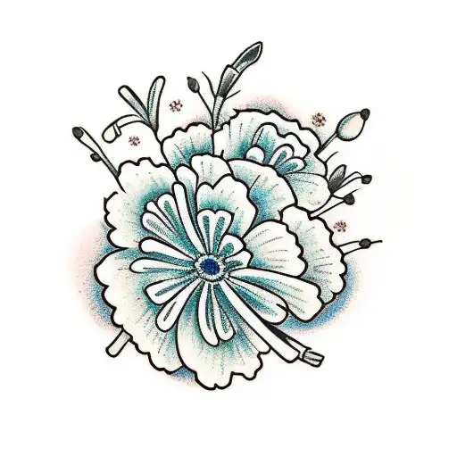 Bouquet of flowers that includes carnations, daisys, and lily of the valley tattoo design idea