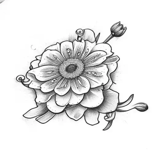 Bouquet of flowers that includes carnations, daisys, and lily of the valley tattoo design idea